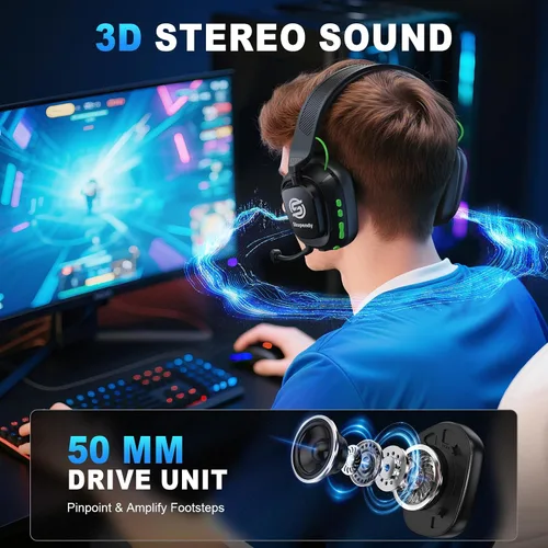 Vista 2 de 2.4GHz Wireless Gaming Headset for PS5/4, PC, Low-Latency Bluetooth Gaming Headphones with Stereo Sound, Noise Canceling Mic, Lunar Black