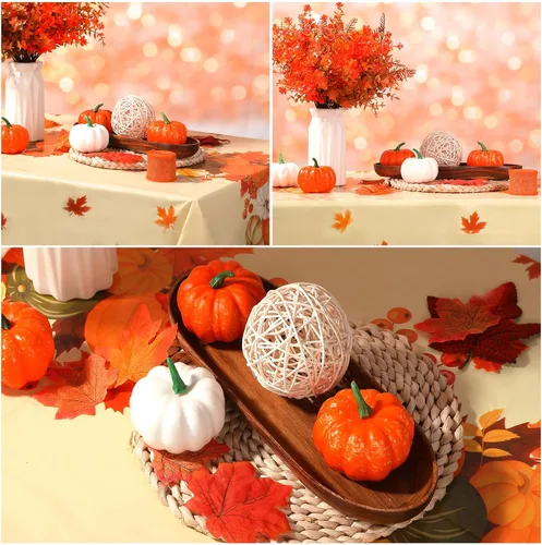 Vista 4 de Oudain 6 manteles desechables de Acción de Gracias, de otoño, arce, calabaza, de plástico, 54 x 108 pulgadas, color naranja, rectangular, otoño