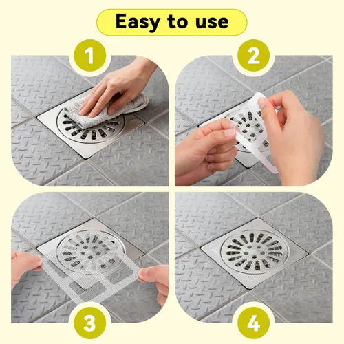 Vista 4 de 100 piezas desechables para cabello de ducha, cubiertas de drenaje de malla de 4 x 4 pulgadas y calcomanías, protector de filtro para ducha, bañera