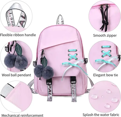 Vista 2 de FENGDONG Mochila escolar para niñas adolescentes y niñas, a2-rosa, 17.7x12x5.9 inches, Viajar