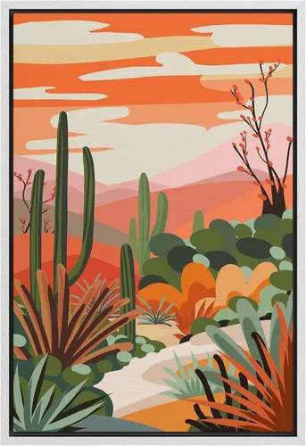 Vista 30 de SIGNFORD Lienzo enmarcado para pared, camino del desierto con cactus, naturaleza silvestre, ilustraciones modernas, arte decorativo, rústico