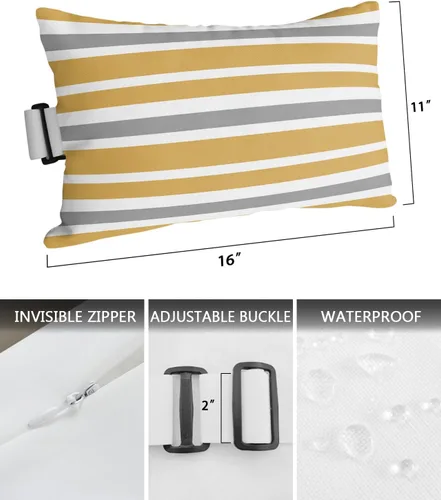 Vista 3 de Almohada reclinable para la cabeza para exteriores con relleno, amarillo oscuro, gris, blanco, a rayas, impermeable, con correa ajustable, tumbona