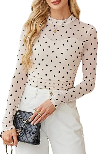 Vista 29 de Camisas de manga larga de malla sexy para mujer, ropa de moda, cuello de tortuga, drapeada, para salir, trajes de otoño, blusas ajustadas Negro
