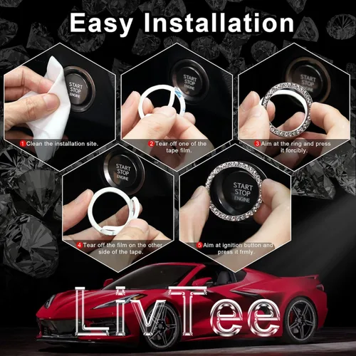 Vista 3 de LivTee 2 PCS Anillo de Decoración de Cristal con Pedrería para Motor de Automóvil de Arranque y Parada, Accesorios Brillantes para Interior de Negro