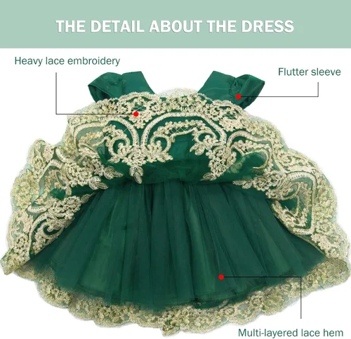 Vista 4 de 3M-3T - Vestido de niña para bebé, vestido de boda, vestido formal de encaje bordado + diadema