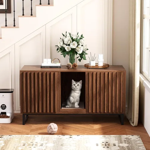 Vista 14 de Halitaa Caja de Arena para Gatos, Mueble Moderno de Caja de Arena para Gatos Caja de Arena Oculta con Almohadilla para Rascar, Mesa Auxiliar Casa