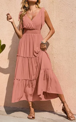 Vista 3 de Prettygarden Vestido largo de verano, con cuello cruzado, para mujer, sin mangas, escalonado, con tirantes fruncidos, para la playa, vestido largo