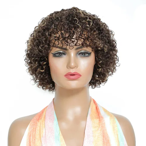 Vista 11 de Peluca de cabello humano rizado estilo Bob para mujeres negras, 150% de densidad, mezcla de castaño caoba, peluca corta sin pegamento por