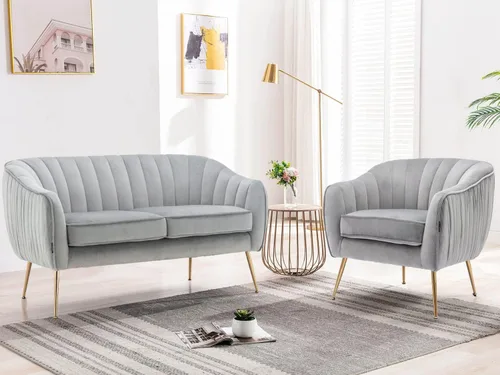 Vista 3 de Silla decorativa de terciopelo, Silla moderna de barril, Sillones de brazo para sala de estar, acabado dorado, gris