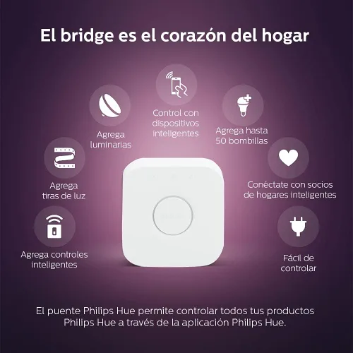 Vista 6 de Philips Hue (1) Puente con (2) bombillas LED inteligentes A19 de 60 W, luz blanca y de color que cambia de color, 800 LM, E26 - Control