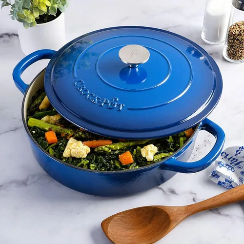 Vista 7 de Crock-Pot Crock Pot Artisan - Estofador de hierro fundido esmaltado con tapa, 5 cuartos de galón, color azul zafiro Sapphire Blue