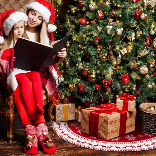 Vista 3 de Lukisesy Falda de Árbol de Navidad de 48 Pulgadas, Falda Grande de Árbol de Navidad con Copos de Nieve y Reno, Falda Rústica de Árbol de Navidad