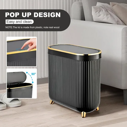 Vista 4 de Supteron - Cubo de basura para baño con tapa de 11.7 L, cubo de basura estrecho de plástico pequeño de 12 litros, cubo de basura rectangular
