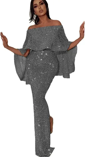 Vista 5 de NaRHbrg Vestido largo de lentejuelas para mujer, con hombros descubiertos Negro