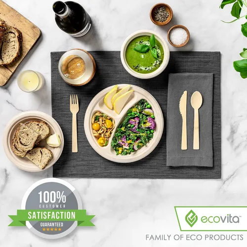 Vista 8 de Ecovita Platos de papel 100 % compostables [9 pulgadas] Compartimentos – 150 platos desechables ecológicos, resistentes, libres de árboles, líquidos