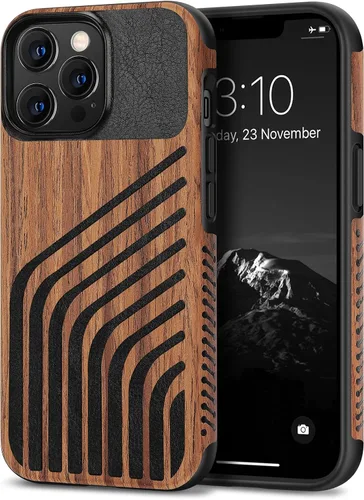 Vista 10 de TENDLIN Compatible con iPhone 13 Pro Max, funda de grano de madera con textura de fibra de carbono, funda híbrida de cuero compatible con iPhone 13