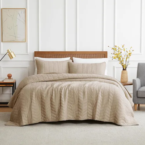 Vista 9 de palassio Juego de ropa de cama de algodón beige tamaño individual con funda de almohada, colcha ligera y suave, funda de edredón acolchada