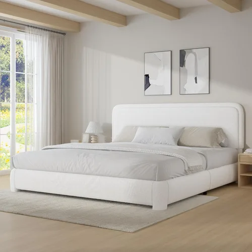 Vista 31 de BarnFurin Base de cama individual con cabecero, cama de plataforma tapizada Cloud Boucle, esquinas redondeadas suaves, no necesita somier, Beige