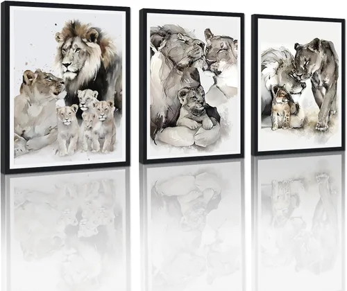 Vista 61 de 3 piezas modernas de lienzo de león de animales salvajes, pinturas de retratos de familia de leones, decoración de pared, obras de arte de sala