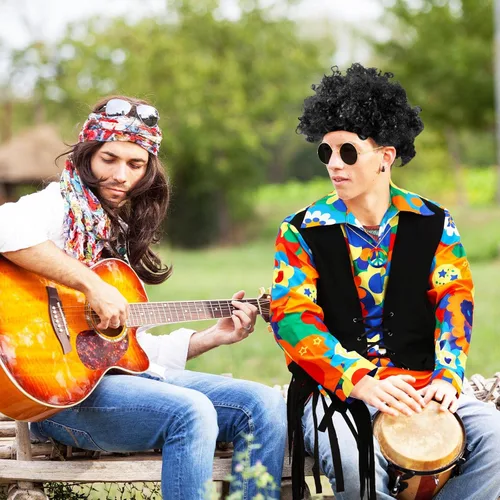 Vista 5 de Juego de 14 piezas de disfraz hippie de los años 60 y 70 para hombre, chaleco hippie, camisa de teñido anudado, peluca afro, collar de signo