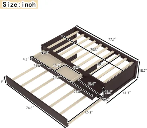 Vista 2 de Cama de plataforma individual con nido y cajones de almacenamiento, sofá cama de madera maciza con tomas de corriente y listones completamente
