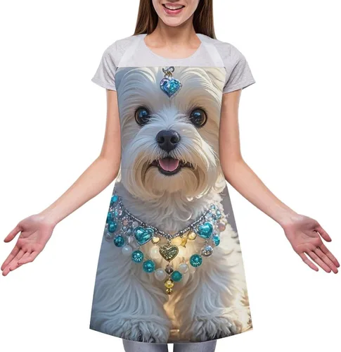 Vista 3 de Delantal personalizado para perro maltés adulto, delantal de cocina para mujer y hombre, delantal ajustable con bolsillo para hornear, hacer