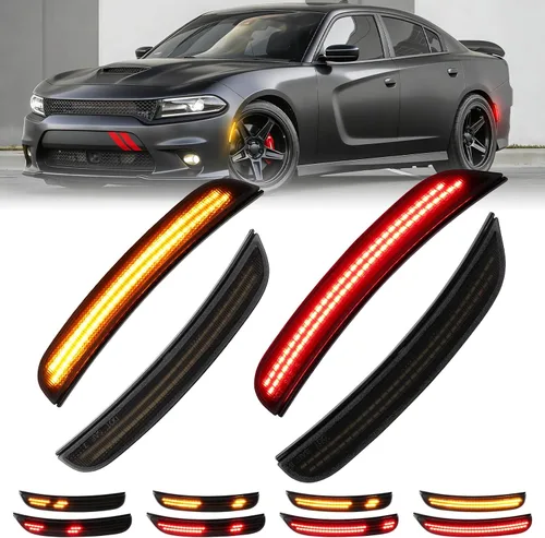 Vista 8 de Luces LED de marcador lateral rojo ámbar para Dodge Charger SRT Hellcat Scat Pack 2015 2016 2017 2018 2019 2020 2021 2022 2023 2024, kit de lente
