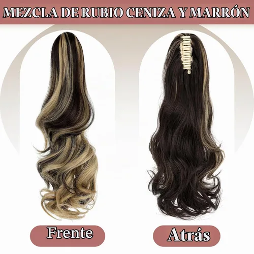 Vista 2 de Felendy Extensión de cola de caballo de 18 pulgadas, mezcla de rubio ceniza, marrón oscuro, rizado, ondulado, con clip, extensiones de cabello largo