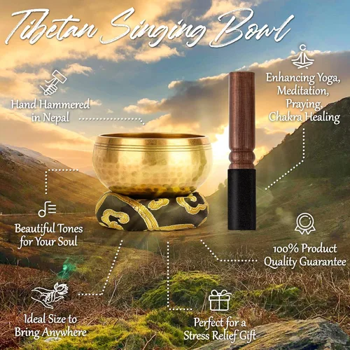 Vista 6 de Relaehih Juego de cuencos tibetanos para canto, martillados a mano en Nepal, cuenco de sonido para meditación, yoga, chakra, accesorios de Negro