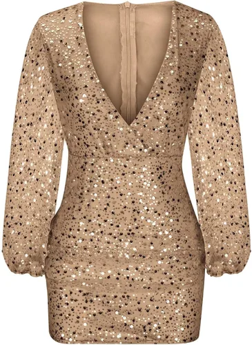 Vista 2 de XUNRYAN Vestidos de lentejuelas para mujer, manga larga con purpurina brillante, cuello en V profundo, formal, mini vestido de fiesta de noche