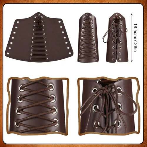 Vista 4 de Conjunto de caballero renacentista medieval, chal de cuero con cinturón, capa de medio hombro, bufanda, brazaletes y alfileres con hebilla