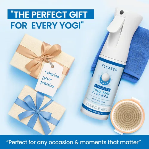 Vista 7 de Flexies Kit de limpieza de esterilla de yoga – Spray de esterilla de yoga a base de espuma con cepillo suave y paño de microfibra Esenciales