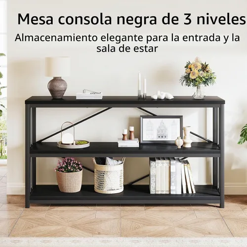 Vista 6 de LVB Mesa consola negra, mesa de entrada moderna para pasillo y sala de estar, mesa de sofá industrial detrás del sofá, mesa de entrada de madera