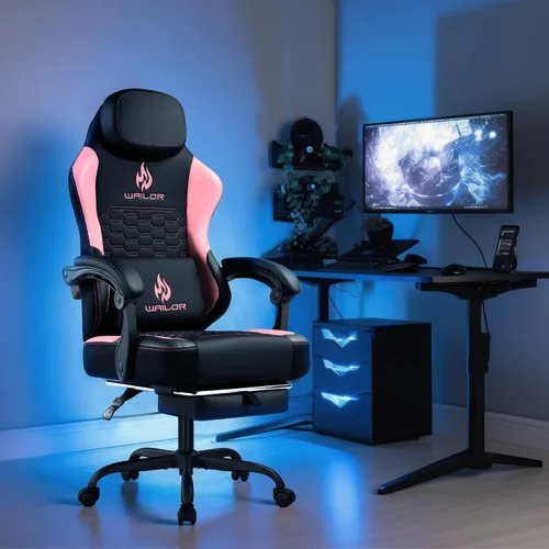 Vista 2 de Silla de juegos con masaje y cojín de resorte de bolsillo, sillas ergonómicas para jugadores para adultos con reposapiés 300 libras, silla de cuero
