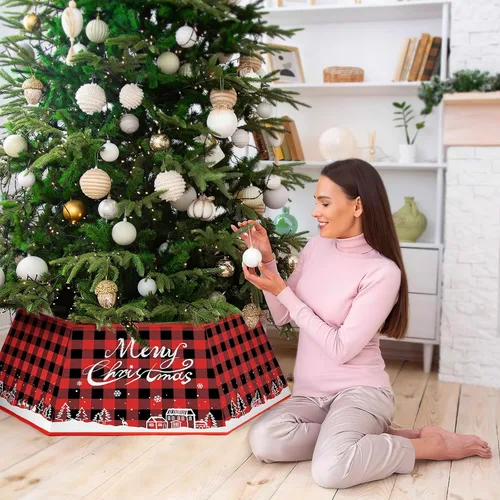 Vista 5 de Collar de árbol de Navidad, diseño a cuadros, cubierta de base de árbol de Navidad, falda de base de árbol hexagonal de tela con seis patrones, base