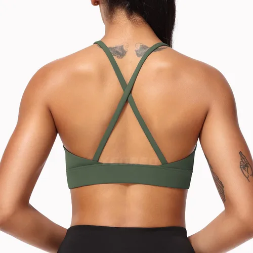 Vista 3 de YEOREO Brasier deportivo coral para mujer, con espalda cruzada, acolchado, para entrenamiento, correr, yoga, brasier casual con tirantes finos