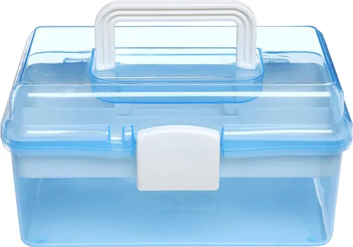 Vista 2 de MyGift Caja de almacenamiento de plástico de 10 pulgadas con bandeja extraíble, organizador de manualidades azul y caja de almacenamiento de arte