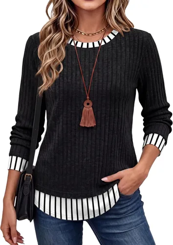 Vista 6 de WIHOLL Camisas de manga larga para mujer, trajes de otoño, suéteres ligeros Negro - blanco