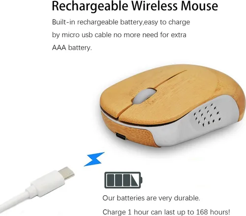 Vista 5 de Icemouse - Mouse inalámbrico de bambú – Ratón óptico silencioso recargable, 4 DPI, receptor USB, ecológico para portátil y PC