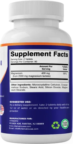 Vista 8 de Vitamatic Lactato de magnesio 2000 mg por porción – 180 tabletas – Apoya la salud muscular, del corazón, de los huesos y del sistema nervioso* – Sin