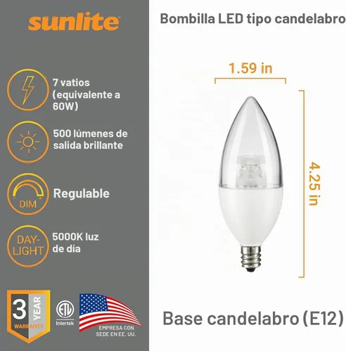 Vista 2 de Sunlite Bombilla LED B11 transparente con punta de torpedo, 7 vatios (equivalente a 60 W) 500 lúmenes, base de candelabro E12, regulable