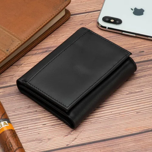 Vista 5 de Billetera de cuero para hombre, con bloqueo RFID, de piel auténtica, triple pliegue, Negro -, Cartera Rfid