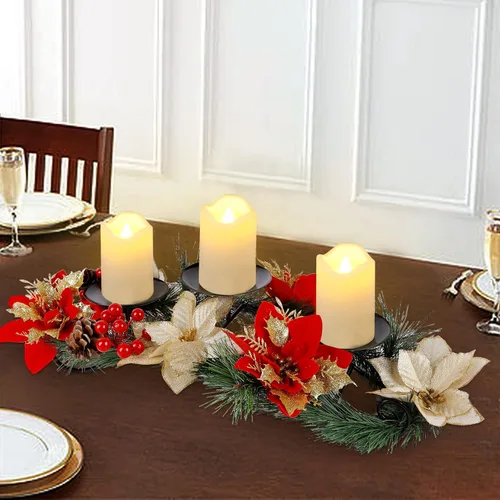 Vista 7 de FORUP Centro de Mesa de Navidad, Portavelas de Navidad, Centro de Mesa de Navidad con Poinsettia y 3 Velas Sin Llama, Candelabro Romántico