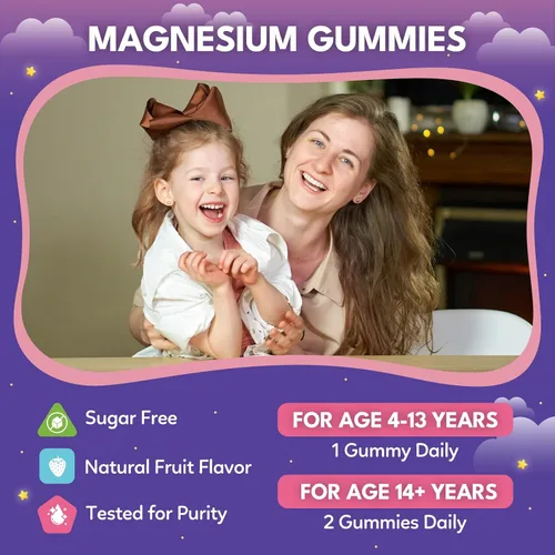 Vista 7 de Gomitas calmantes de magnesio para niños de 4 años y adultos, suplemento de magnesio sin azúcar con L-teanina, manzanilla, vitaminas B6, D3, K2