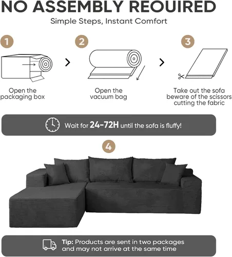 Vista 9 de Sofás seccionales negros para sala de estar, sofá sin estructura rígida con chaise en forma de L, sofá modular en caja con asiento profundo,