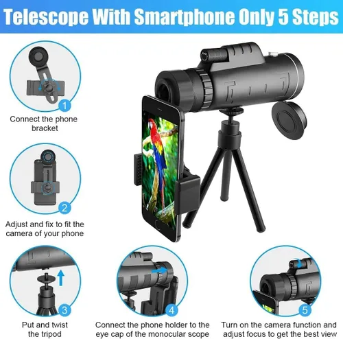 Vista 5 de Telescopio monocular con zoom de teleobjetivo, 40 x 60 HD, alta potencia, con soporte para teléfono inteligente y trípode IPX4, impermeable, BAK4