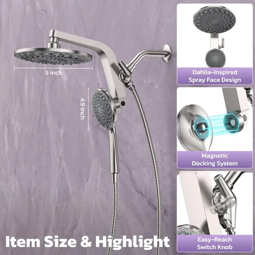 Vista 8 de HOPOPRO Rain Shower Head with Handheld, 9" Dual Shower Heads Combo Brushed Nickel
