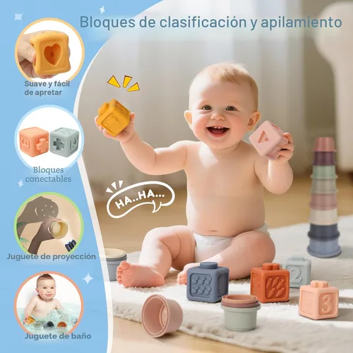 Vista 4 de Juguetes Montessori 6 en 1 para bebés de 6 a 12 meses en adelante, incluye juguete de cuerda de tirar, tazas apilables, caja de pañuelos, girador