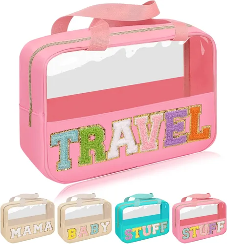 Vista 9 de Iqimott Bolsa de bebé con parche de letras de chenilla, bolsa de cosméticos transparente para maquillaje, bolsa grande de almacenamiento
