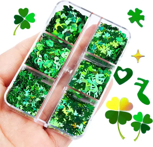 Vista 6 de 6 rejillas para arte de uñas del día de San Patricio, lentejuelas 3D, trébol, estrellas, estrellas, corazón, hojas, trébol, diseños de uñas